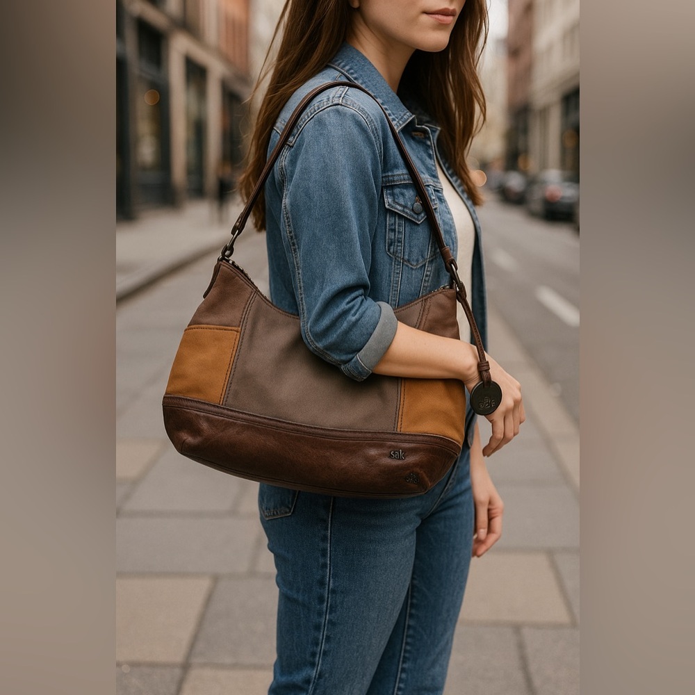The Sak Brown and Tan leather and suede Hobo Patchwork Shoulder Bag
